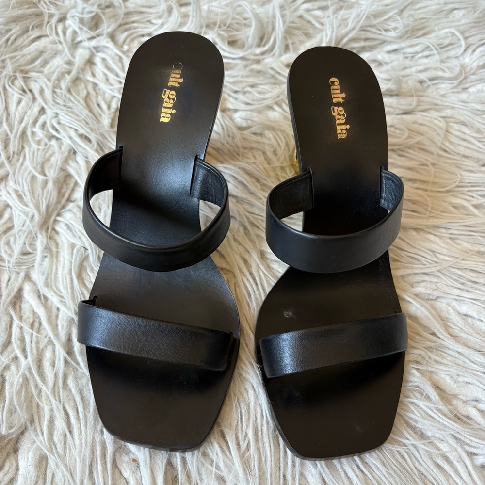 CULT GAIA Meta Black Leather Gold Metallic Architectural Heel Slide Sandal Sz 39 - Picture 8 of 12